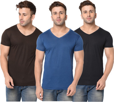 Jangoboy Solid Men V Neck Dark Blue, Brown, Black T-Shirt