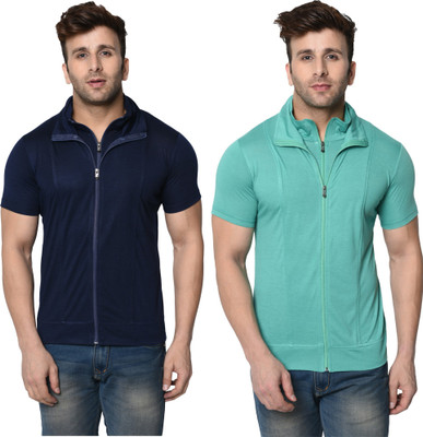 Jangoboy Self Design, Solid Men High Neck Green, Blue T-Shirt