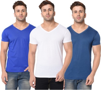 Adorbs Solid Men V Neck Dark Blue, White, Blue T-Shirt