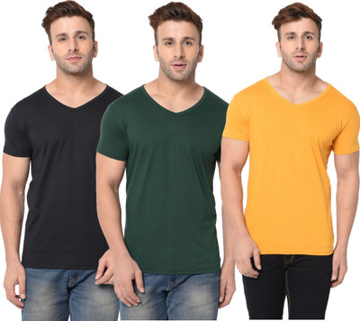 Jangoboy Solid Men V Neck Dark Green, Black, Yellow T-Shirt