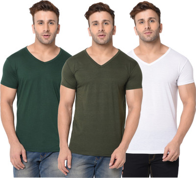 Adorbs Solid Men V Neck Dark Green, White T-Shirt