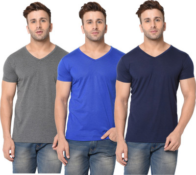 Jangoboy Solid Men V Neck Dark Blue, Blue, Grey T-Shirt