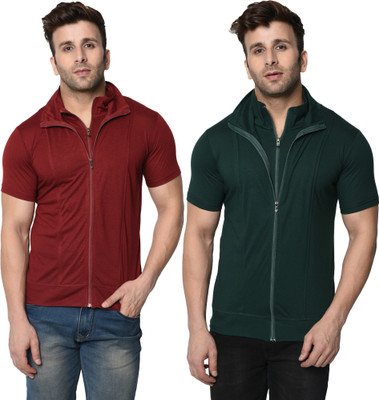 Adorbs Solid Men High Neck Dark Green, Maroon T-Shirt