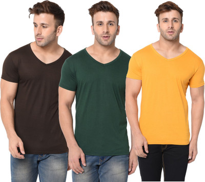 Jangoboy Solid Men V Neck Dark Green, Brown, Yellow T-Shirt