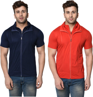 Jangoboy Self Design, Solid Men High Neck Dark Blue, Red T-Shirt