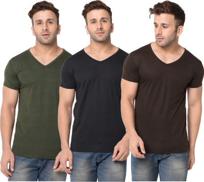 Jangoboy Solid Men V Neck Green, Brown, Black T-Shirt