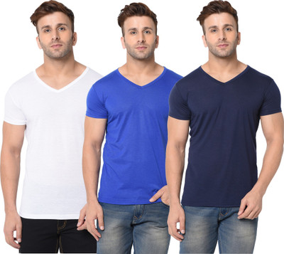 Jangoboy Solid Men V Neck Dark Blue, White, Blue T-Shirt