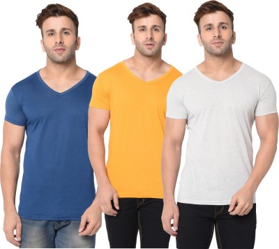 Adorbs Solid Men V Neck Dark Blue, Grey, Yellow T-Shirt