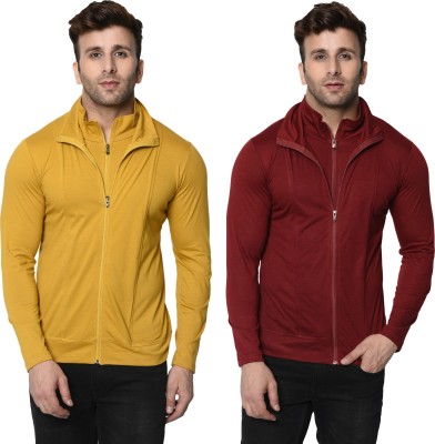 Adorbs Solid Men Turtle Neck Maroon, Yellow T-Shirt