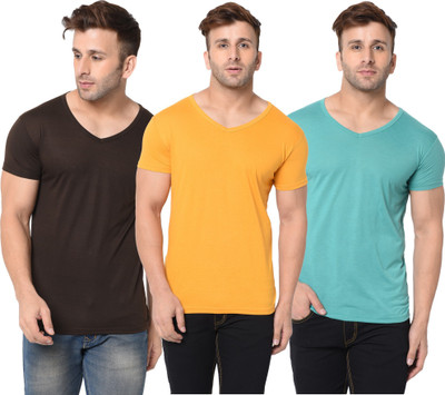 Adorbs Solid Men V Neck Brown, Yellow, Light Green T-Shirt