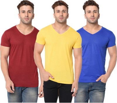 Jangoboy Solid Men V Neck Maroon, Blue, Yellow T-Shirt