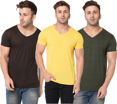 Jangoboy Solid Men V Neck Dark Green, Brown, Yellow T-Shirt