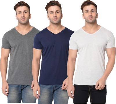 Jangoboy Self Design, Solid Men V Neck Dark Blue, Grey T-Shirt