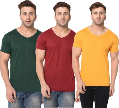 Adorbs Solid Men V Neck Dark Green, Maroon, Yellow T-Shirt