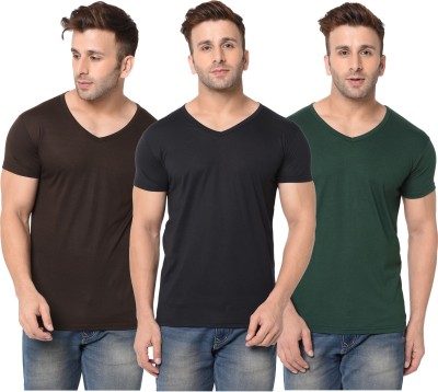 Jangoboy Solid Men V Neck Dark Green, Brown, Black T-Shirt