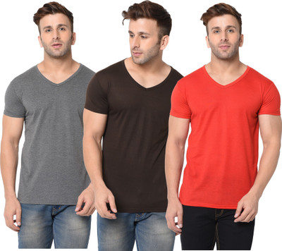 Jangoboy Self Design, Solid Men V Neck Red, Brown, Grey T-Shirt