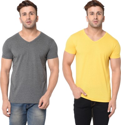 Jangoboy Solid Men V Neck Grey, Yellow T-Shirt