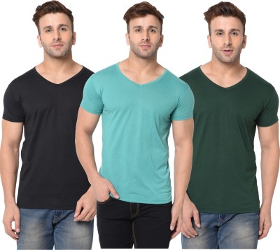 Jangoboy Solid Men V Neck Dark Green, Black, Light Green T-Shirt