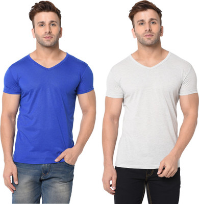 Moordale Solid Men V Neck White, Blue T-Shirt