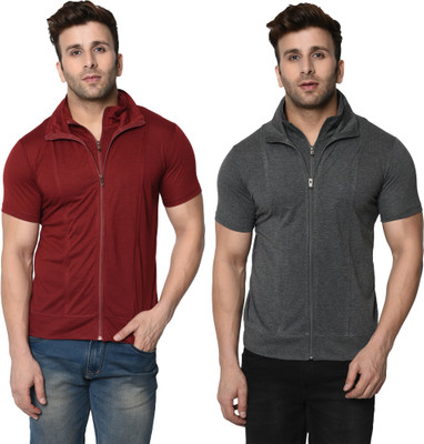 Adorbs Solid Men High Neck Maroon, Grey T-Shirt