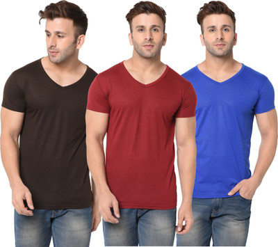Adorbs Solid Men V Neck Brown, Maroon, Blue T-Shirt