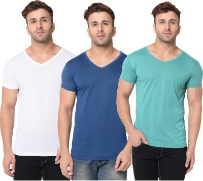 Jangoboy Solid Men V Neck Dark Blue, White, Light Green T-Shirt