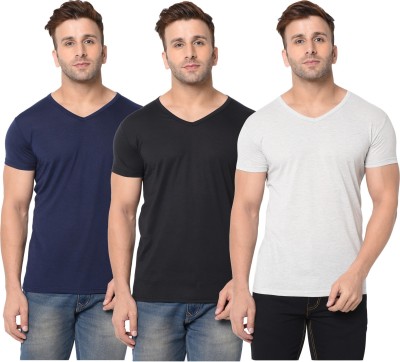 Jangoboy Solid Men V Neck Dark Blue, Black, Grey T-Shirt