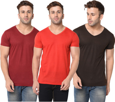 Adorbs Solid Men V Neck Red, Maroon, Brown T-Shirt