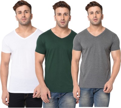 Jangoboy Solid Men V Neck Dark Green, White, Grey T-Shirt