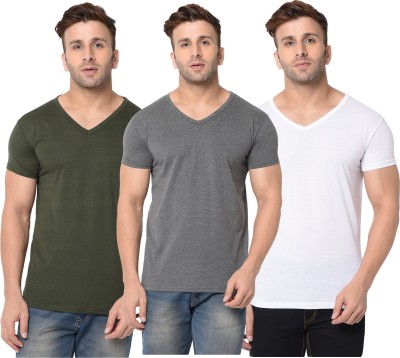 Jangoboy Solid Men V Neck Green, White, Grey T-Shirt