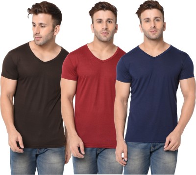 Jangoboy Solid Men V Neck Dark Blue, Brown, Maroon T-Shirt