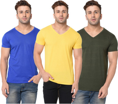 Jangoboy Solid Men V Neck Dark Green, Blue, Yellow T-Shirt