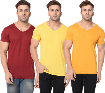 Jangoboy Solid Men V Neck Maroon, Yellow T-Shirt