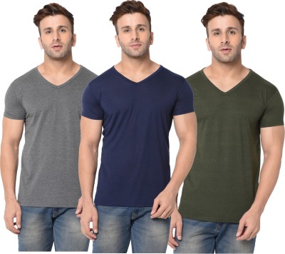 Jangoboy Self Design, Solid Men V Neck Dark Blue, Dark Green, Grey T-Shirt