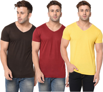 Jangoboy Solid Men V Neck Brown, Maroon, Yellow T-Shirt