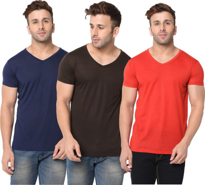 Jangoboy Solid Men V Neck Dark Blue, Red, Brown T-Shirt
