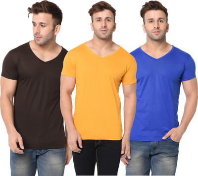 Adorbs Solid Men V Neck Brown, Blue, Yellow T-Shirt