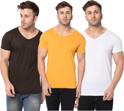 Jangoboy Solid Men V Neck White, Brown, Yellow T-Shirt