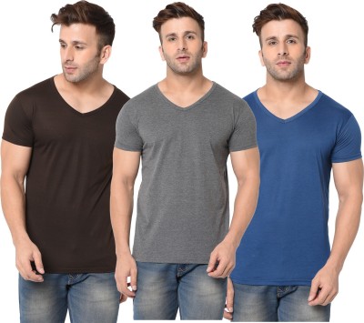 Adorbs Solid Men V Neck Dark Blue, Brown, Grey T-Shirt