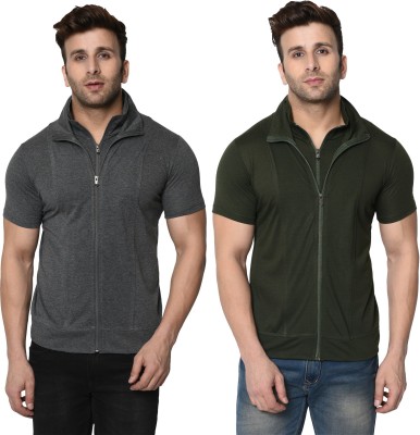 Jangoboy Self Design, Solid Men High Neck Dark Green, Grey T-Shirt