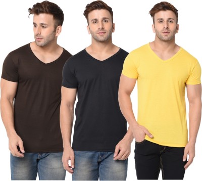 Jangoboy Solid Men V Neck Brown, Black, Yellow T-Shirt