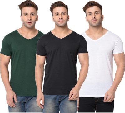 Jangoboy Solid Men V Neck Dark Green, White, Black T-Shirt