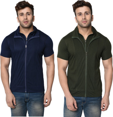 Adorbs Self Design, Solid Men High Neck Dark Blue, Dark Green T-Shirt