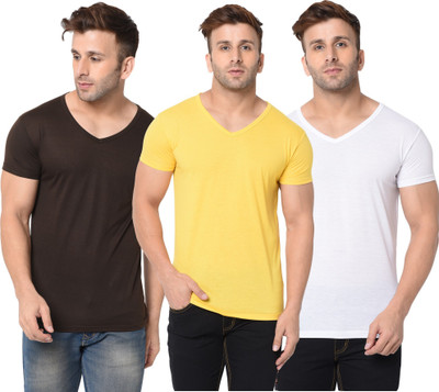 Adorbs Solid Men V Neck White, Brown, Yellow T-Shirt