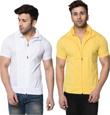 Jangoboy Solid Men Polo Neck White, Yellow T-Shirt