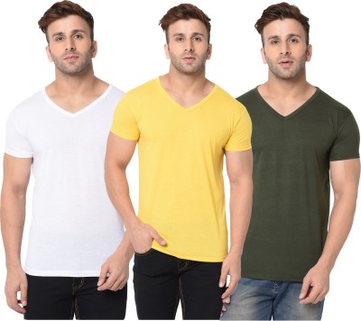 Adorbs Solid Men V Neck Dark Green, White, Yellow T-Shirt