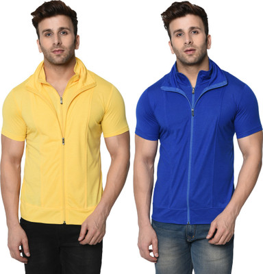 Jangoboy Self Design, Solid Men High Neck Blue, Yellow T-Shirt