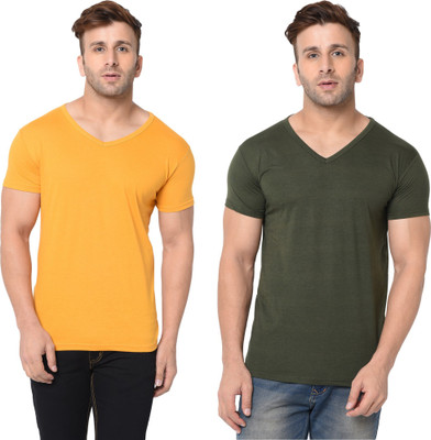 Adorbs Solid Men V Neck Dark Green, Yellow T-Shirt