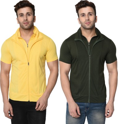 Jangoboy Self Design, Solid Men High Neck Dark Green, Yellow T-Shirt