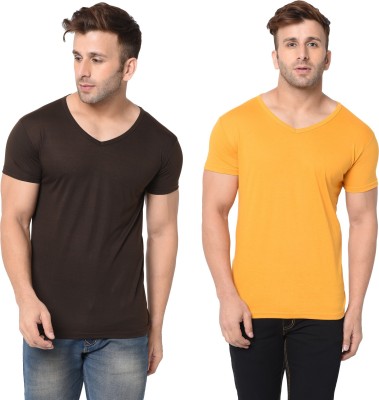 Tivy Solid Men V Neck Brown, Yellow T-Shirt